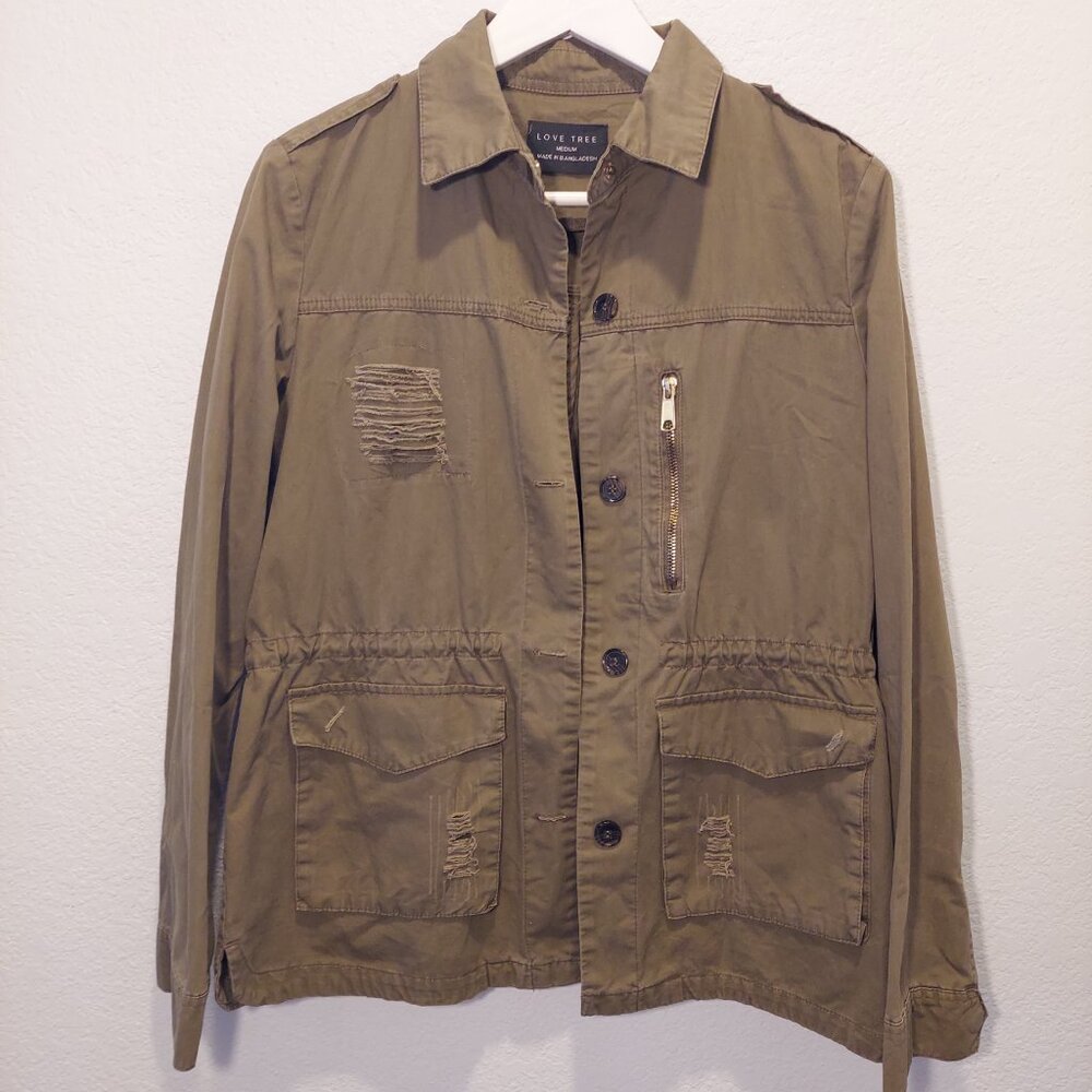 Love Tree Distressed Utility Jacket Olive Green Cargo Coat Size M - Picture 2 of 9